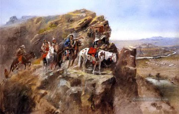  troupe Tableaux - indians sur une falaise d’arpentage troupes générales miles Charles Marion Russell